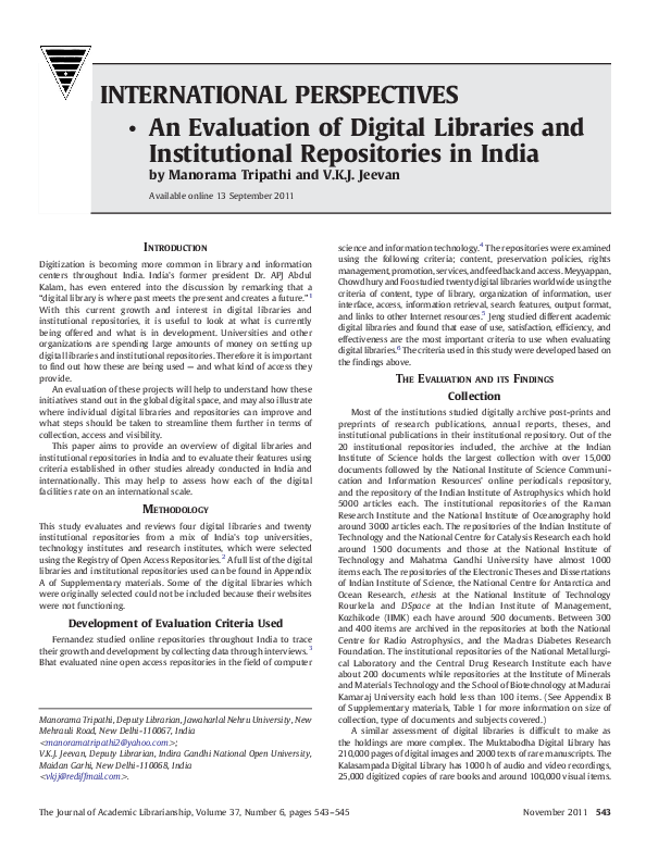 (PDF) An Evaluation of Digital Libraries and Institutional Repositories