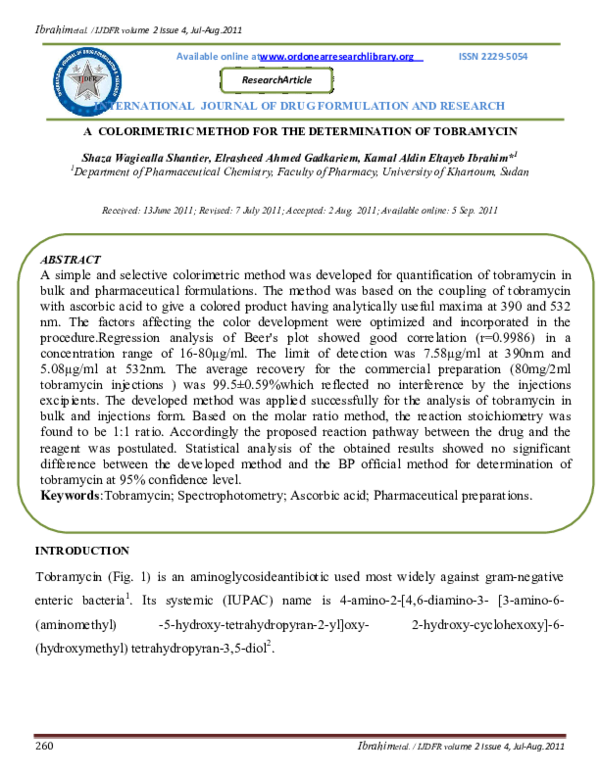 (PDF) colorimetric method for determination of tobramycin elrasheed