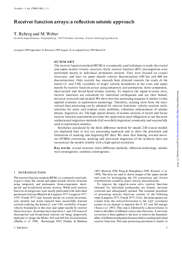 (PDF) Receiver function arrays: a reflection seismic approach