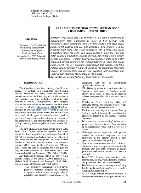 (PDF) Lean manufacturing in two Serbian food companies – case studies