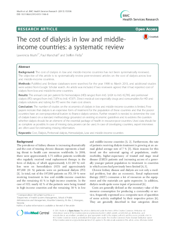 (PDF) The cost of dialysis in low and middle countries a