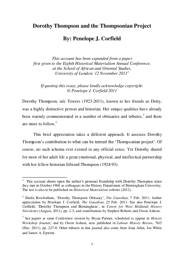 Pdf Dorothy Thompson S Contribution To The Thompsonian Project Web Publication Full Text Penelope J Corfield Academia Edu
