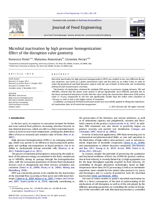 (PDF) Microbial inactivation by high pressure homogenization: Effect of ...