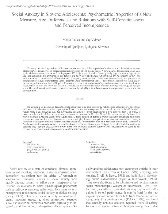(PDF) Social anxiety in Slovene adolescents: Psychometric properties of ...