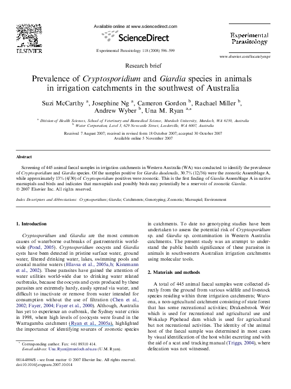 (PDF) Prevalence of Cryptosporidium and Giardia species in animals in ...