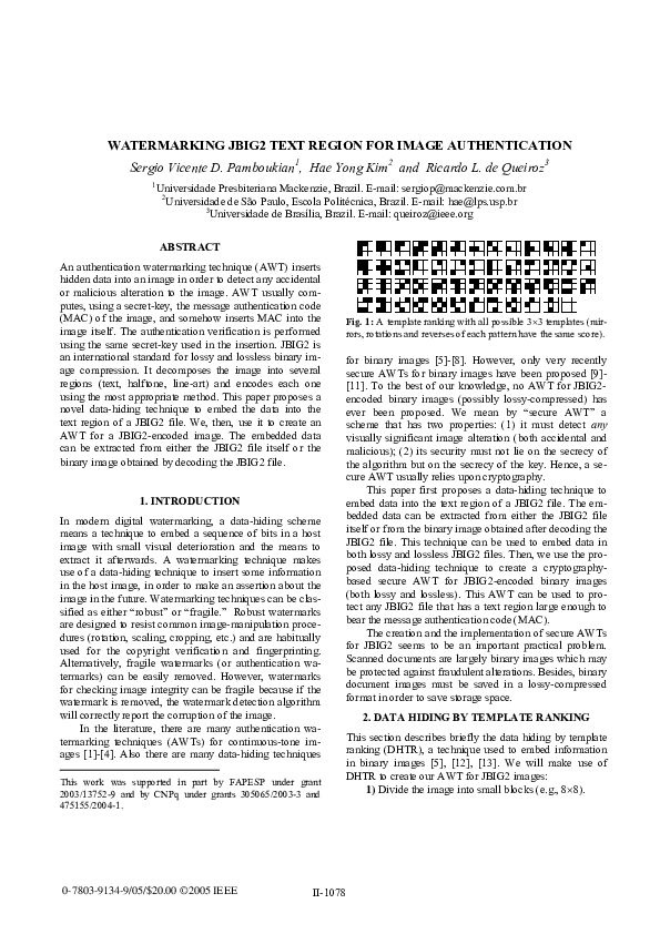 (PDF) Watermarking JBIG2 text region for image authentication