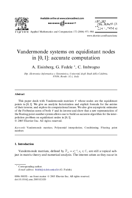 (PDF) Vandermonde systems on equidistant nodes in [0,1]: accurate ...