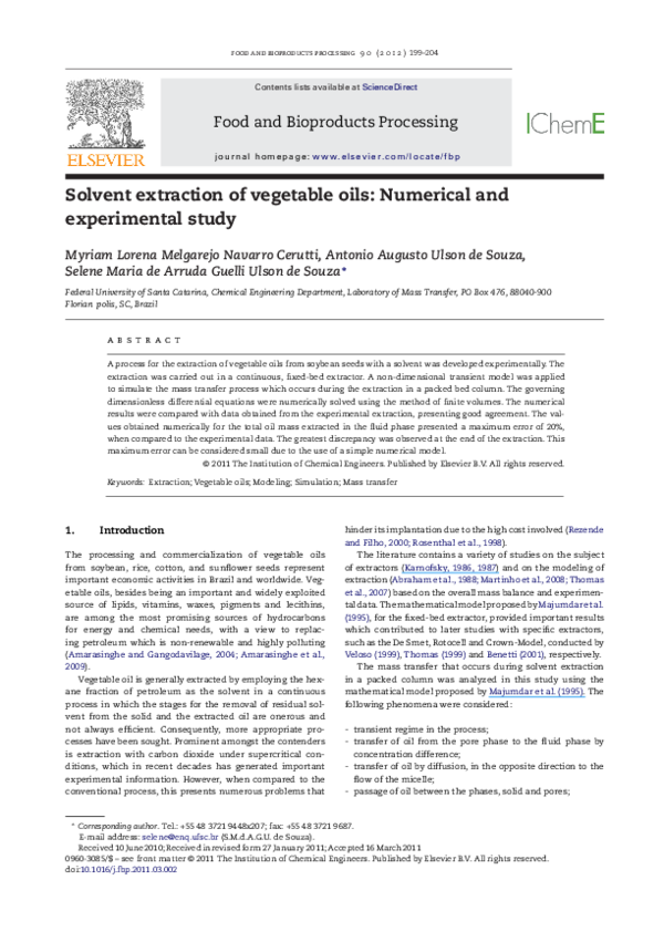 (PDF) Solvent extraction of vegetable oils Numerical and experimental