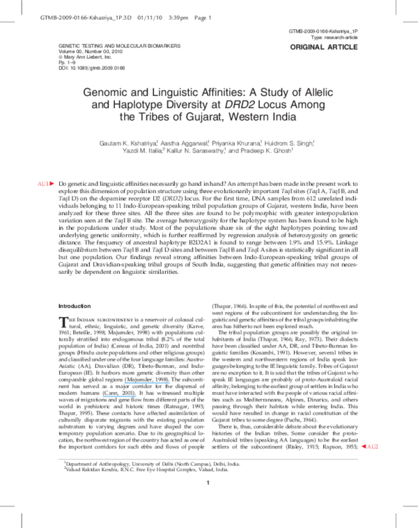 (PDF) Genomic and Linguistic Affinities: A Study of Allelic and