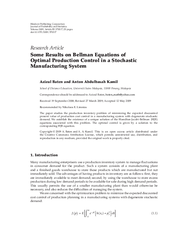 (PDF) Some Results on Bellman Equations of Optimal Production Control ...