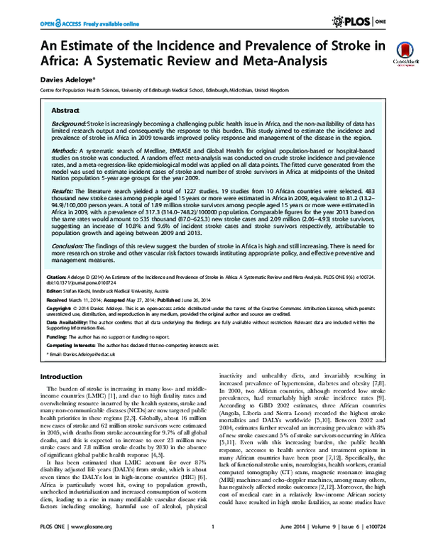 (PDF) An estimate of the incidence and prevalence of stroke in Africa ...
