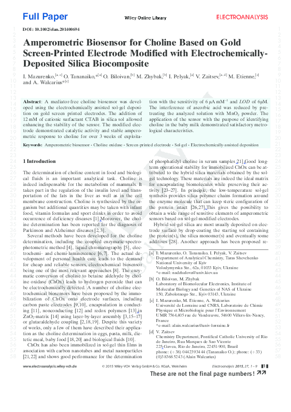 (PDF) Amperometric Biosensor for Choline Based on Gold Screen-Printed ...