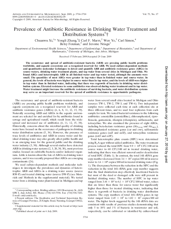 (PDF) Prevalence of Antibiotic Resistance in Drinking Water Treatment and Distribution Systems