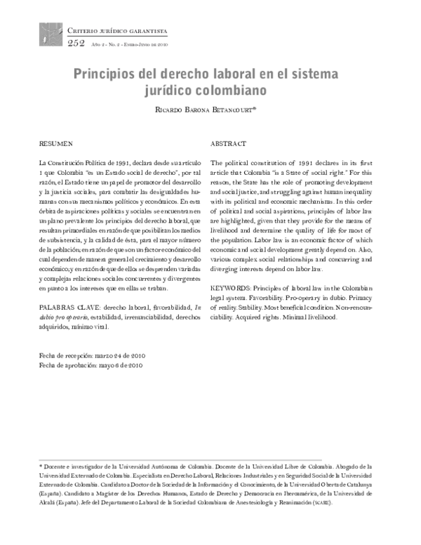 (PDF) Principios del derecho laboral en el sistema jurídico colombiano