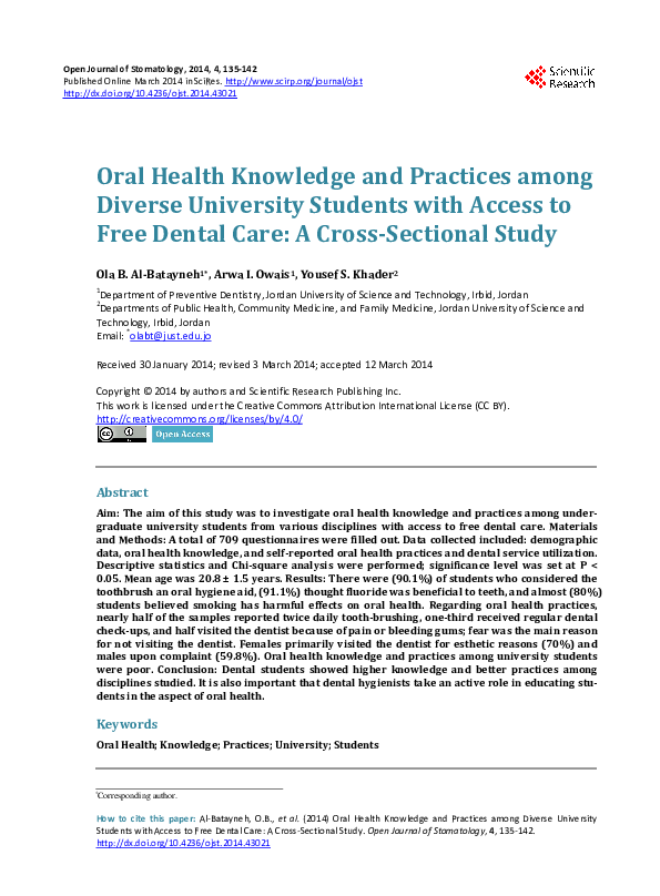 (PDF) Oral Health Knowledge and Practices among Diverse University ...