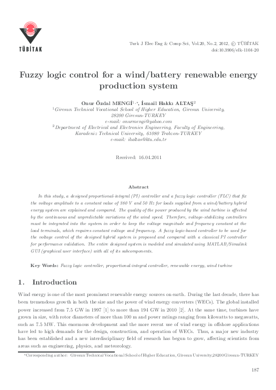 (PDF) Fuzzy logic control for a wind/battery renewable energy ...