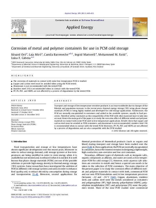 (PDF) Corrosion of metal and polymer containers for use in PCM cold storage