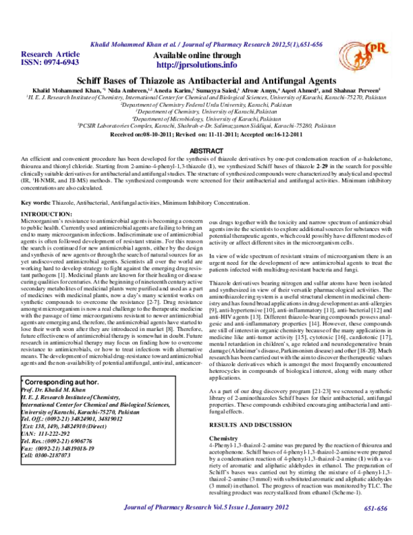 (PDF) Schiff Bases of Thiazole as Antibacterial and Antifungal Agents