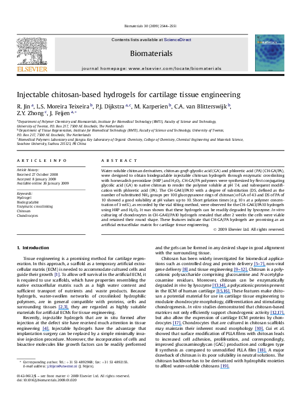 (PDF) Injectable chitosan-based hydrogels for cartilage tissue engineering