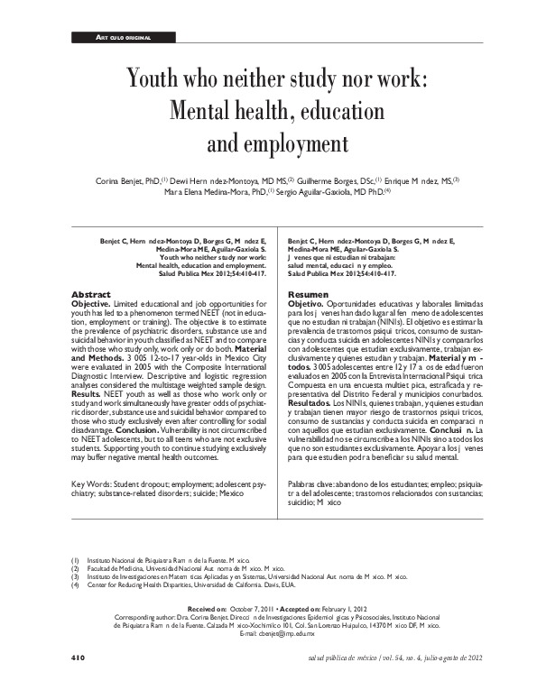 (PDF) Youth who neither study nor work: mental health, education and ...