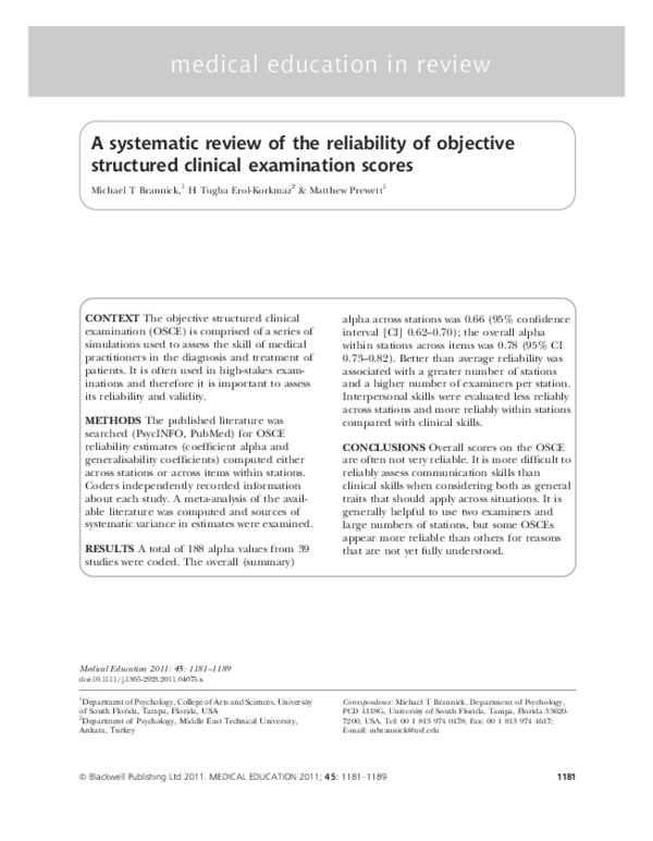 (PDF) A systematic review of the reliability of objective structured ...