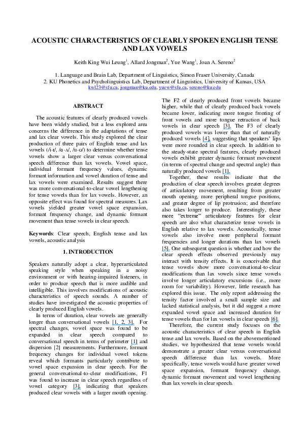 Pdf Acoustic Characteristics Of Clearly Spoken English Tense And Lax Vowels Allard Jongman Academia Edu