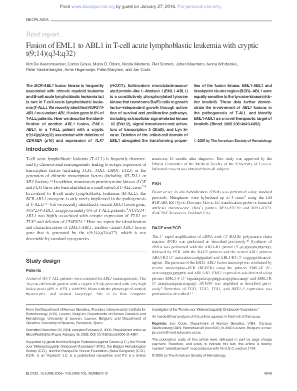 (PDF) Fusion of EML1 to ABL1 in T-cell acute lymphoblastic leukemia ...