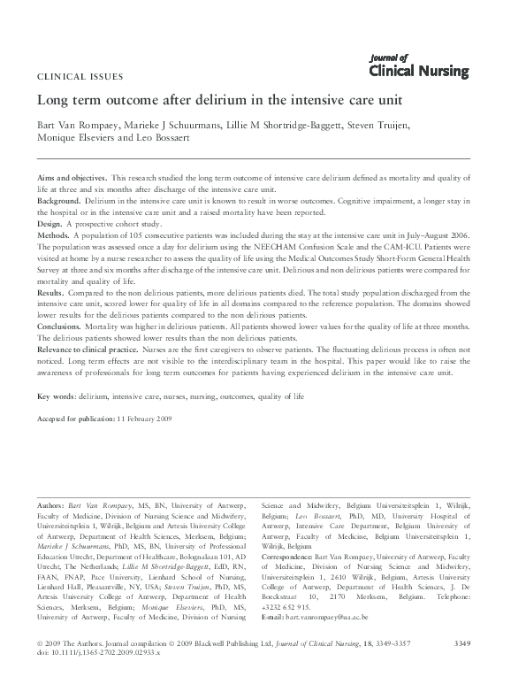 (PDF) Long term outcome after delirium in the intensive care unit