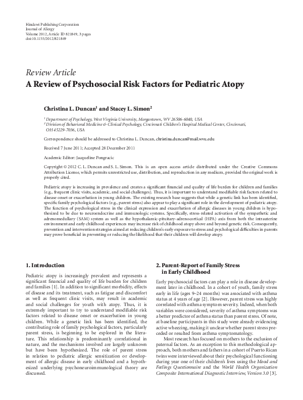 (PDF) A Review of Psychosocial Risk Factors for Pediatric Atopy