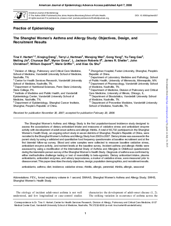 (PDF) The Shanghai Women's Asthma and Allergy Study Objectives, Design