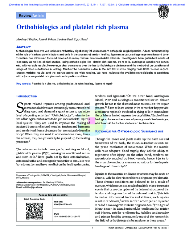 (PDF) Orthobiologics and platelet rich plasma
