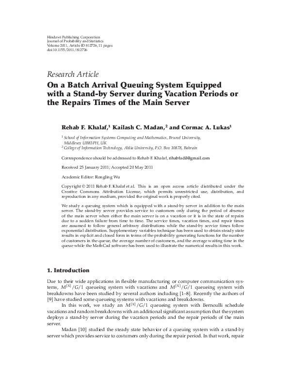 (PDF) On a Batch Arrival Queuing System Equipped with a Stand-by Server ...