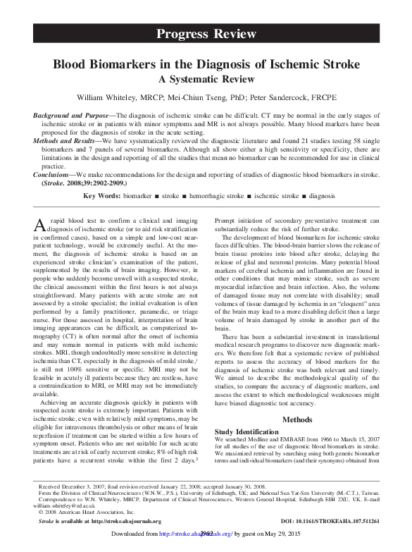 (PDF) Blood Biomarkers in the Diagnosis of Ischemic Stroke: A ...