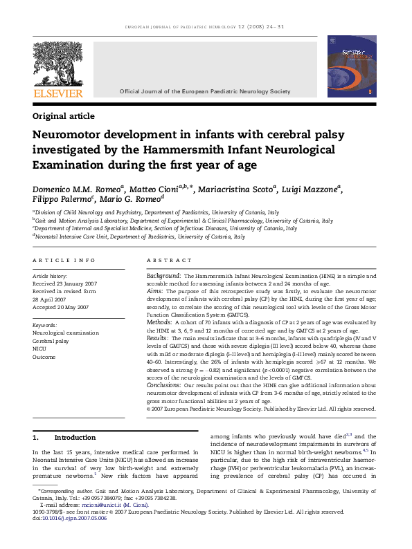 (PDF) Neuromotor development in infants with cerebral palsy