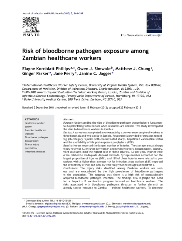 (PDF) Risk of bloodborne pathogen exposure among Zambian healthcare workers