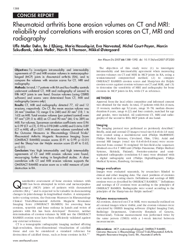 (PDF) Rheumatoid arthritis bone erosion volumes on CT and MRI ...