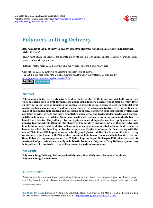 (PDF) Polymers in Drug Delivery