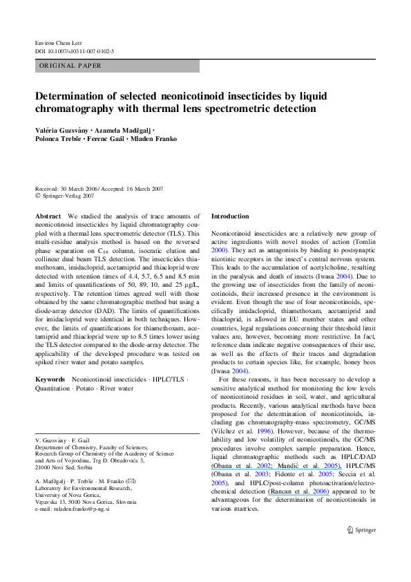 (PDF) Determination of selected neonicotinoid insecticides by liquid