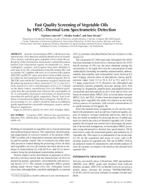(PDF) Fast quality screening of vegetable oils by HPLCthermal lens