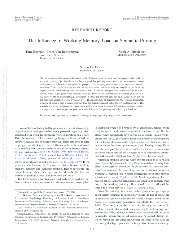(PDF) The Influence of Working Memory Load on Semantic Priming