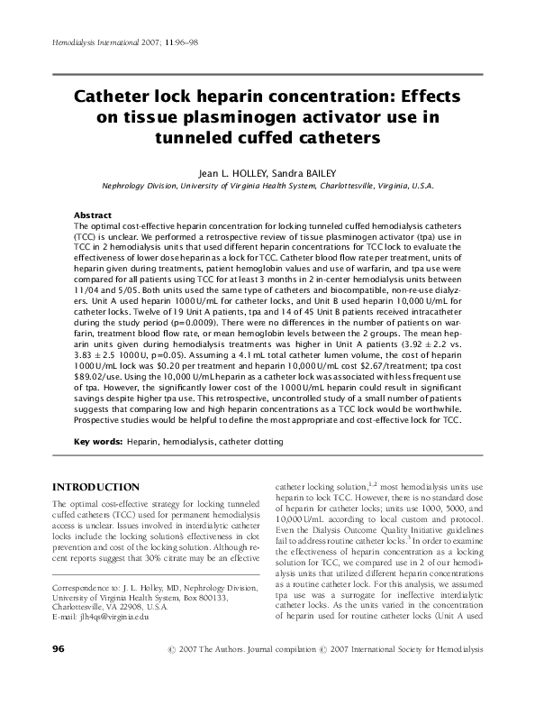 (PDF) Catheter lock heparin concentration Effects on tissue