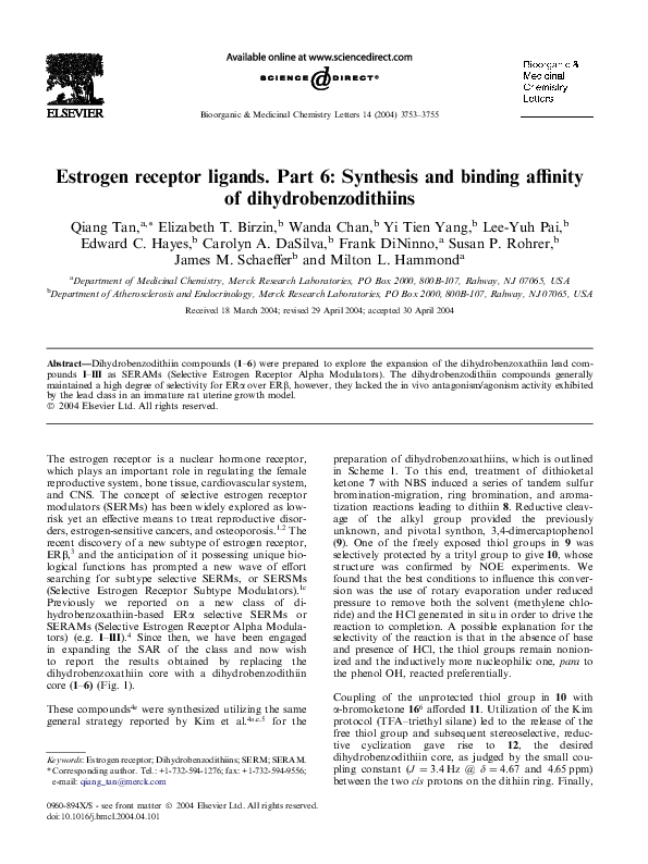 Pdf Estrogen Receptor Ligands Part 6 Synthesis And Binding Affinity Of Dihydrobenzodithiins Lee Yuh Pai Academia Edu