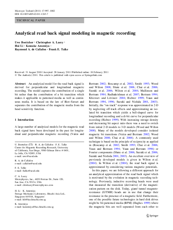 (PDF) Analytical read back signal modeling in magnetic recording