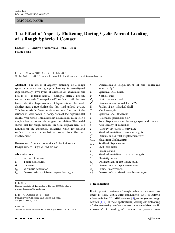 (PDF) The Effect of Asperity Flattening During Cyclic Normal Loading of ...