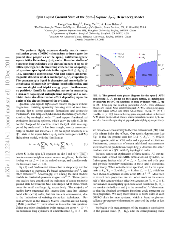 (PDF) Spin Liquid Ground State of Spin-1/2 Square J1-J2 Heisenberg Model