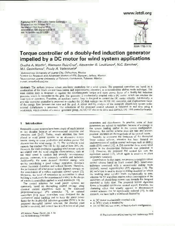 (PDF) Torque controller of a doubly-fed induction generator impelled by ...
