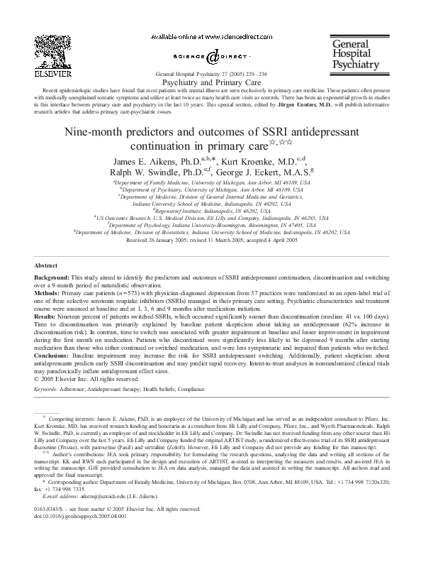 (PDF) Nine-month predictors and outcomes of SSRI antidepressant ...