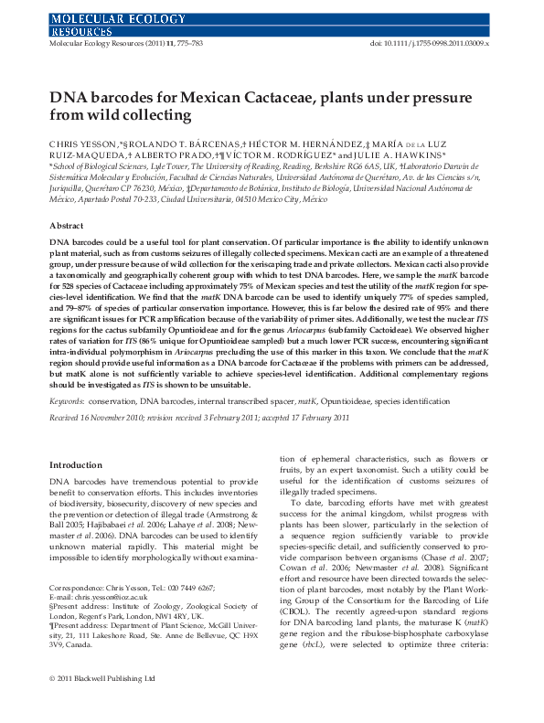 (PDF) DNA barcodes for Mexican Cactaceae, plants under pressure from ...