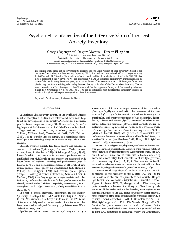 (PDF) Psychometric properties of the Greek version of the Test Anxiety ...