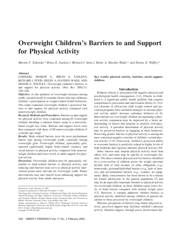 (PDF) Overweight Children’s Barriers to and Support for Physical Activity